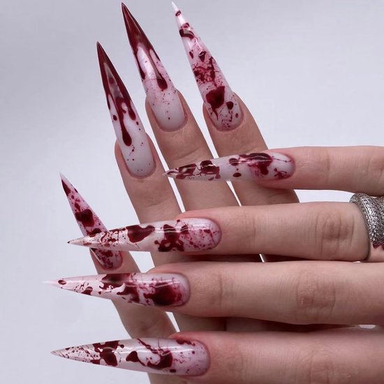 On Nails Lang, Stiletto Halloween Wit Rood Snede Bloed Druppel Horror Creepy Nep Nagels met Nagellijm, Rode Vampier Bloed Eng Kunstmatige Vingernagels — afbeelding 4