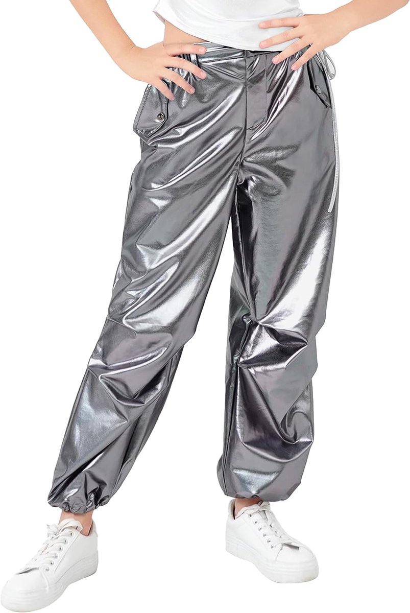Glanzende metallic dansbroek voor kinderen, retro, hiphop, dansoutfit, losse pasvorm, cargobroek, elastische taille, streetwear voor 6-13 jaar