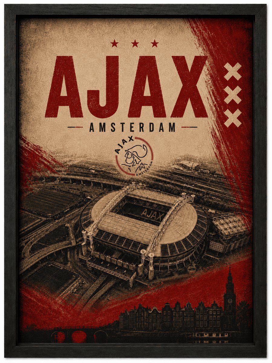 Ajax Poster | Johan Cruijff ArenA Vintage Art Print | Amsterdam Retro Voetbal Schilderij | Inclusief Zwarte A3 Lijst