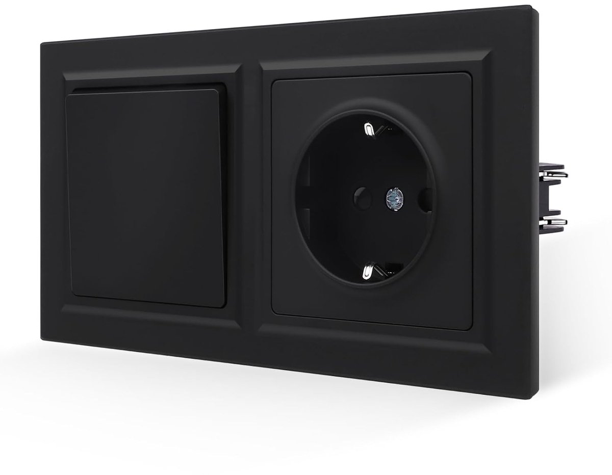 Stopcontact met lichtschakelaar, zwart, 1-voudig, 1-weg, glad huidgevoel, met steekklem, 16 ampère, 155 x 84 mm, 250 V (kan niet verticaal worden geïnstalleerd)
