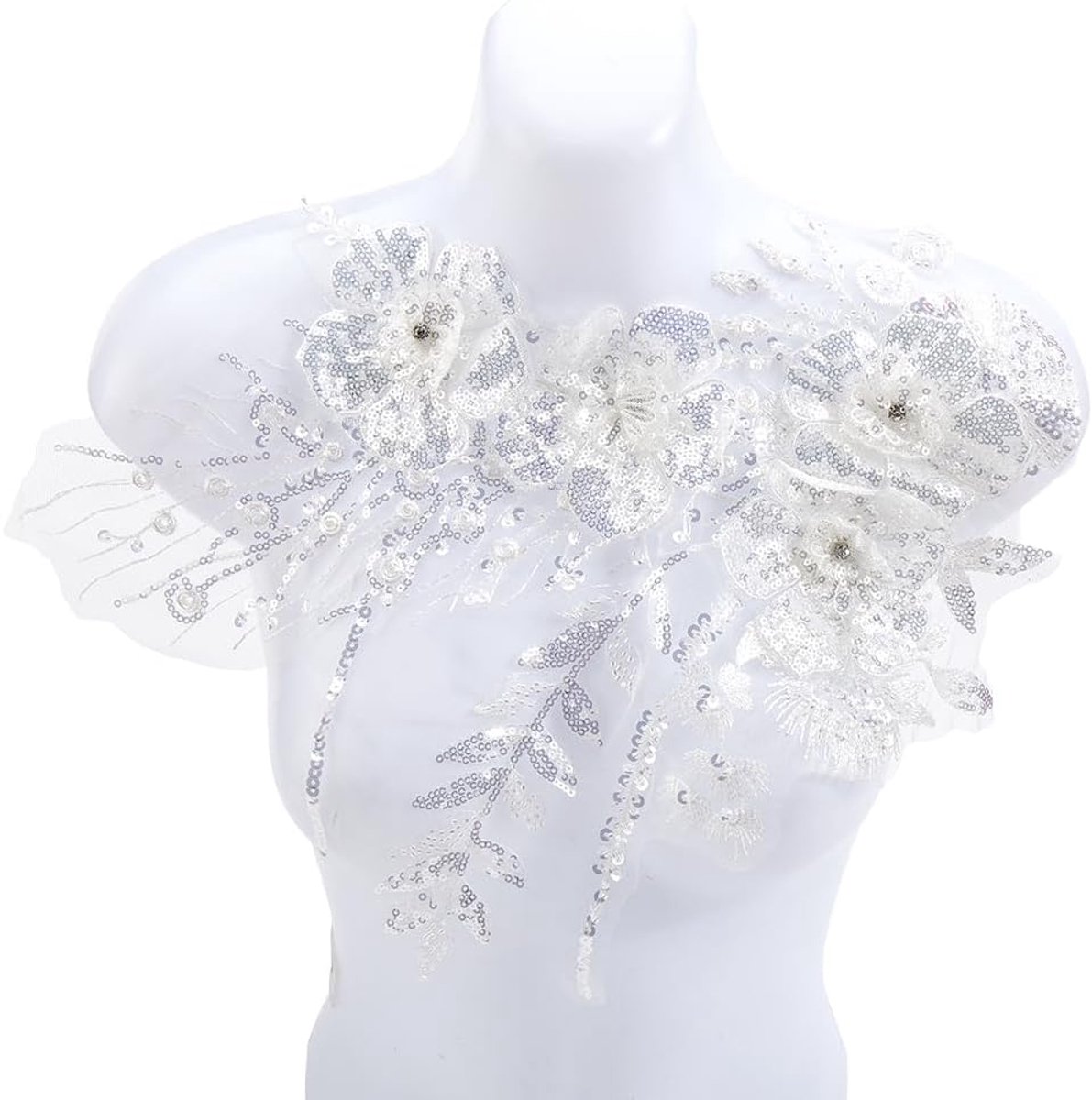 1Pc 3D Bloemen Geborduurde Applique Witte Pailletten Kralen Bloem Kant Applicaties Vintage Strass Borduurwerk Naaien Op Tule Patches Voor Naaien Maken Ambachten Kleding Jurken Kostuum