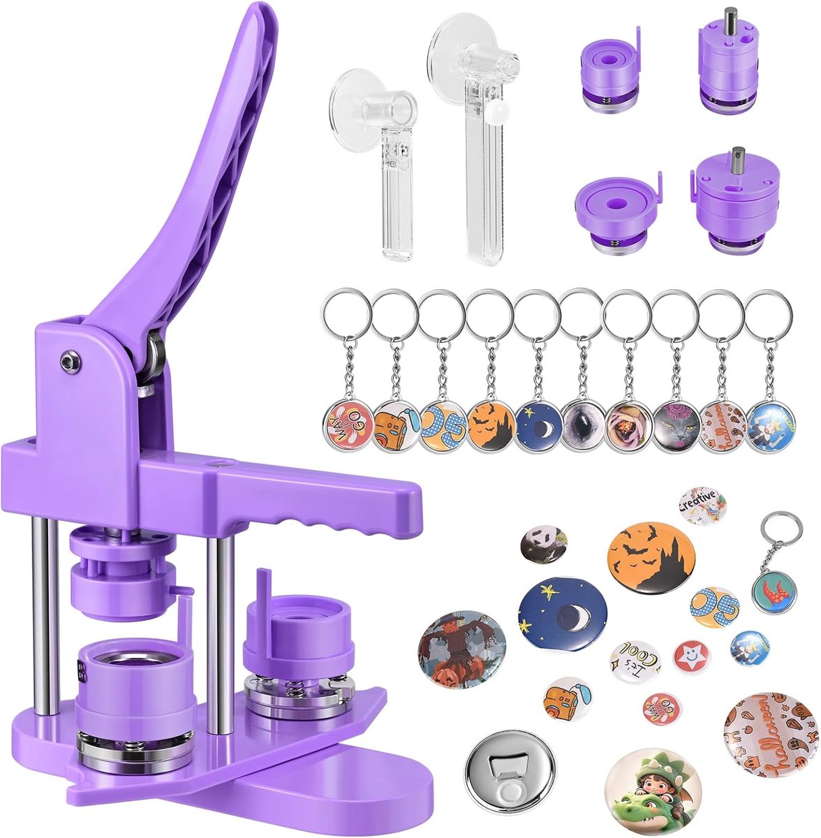 Knopenmaker, doe-het-zelf-set voor het maken van speldjes Badge-ponsmachine met 10 flesopeners, 10 sleutelringen, mallen en cirkelvormige papiersnijder Plastic KEYSAFER