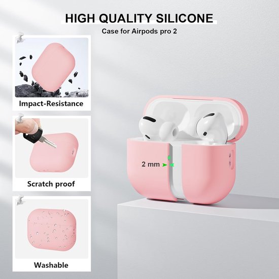 2PCS Mocarheri Siliconen hoes Compatibel met Airpods Pro 2 Generation hoes 2022, Ultra-Thin, siliconen stootvaste zachte beschermhoes voor Airpods Pro 2, LED vooraan zichtbaar (zwart + roze) — afbeelding 4