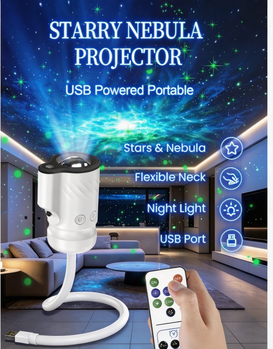 casalora – Nebula Projectorlamp – USB-voeding – Draagbaar – 9 lichtstanden – Groothoeklens – Flexibele hals – Nachtlampje – Sfeerverlichting – Geschikt voor auto's, slaapkamers en woonkamers – Afstandsbediening