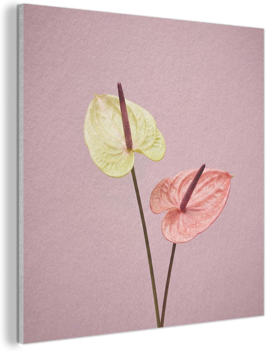 "MuchoWow© Vilten Wanddecoratie 40x40 cm Kamer Decoratie Woonkamer Slaapkamer Room Decor Wanddeco Felt Wall Art Bloemen - Anthuriums - Geel - Roze"