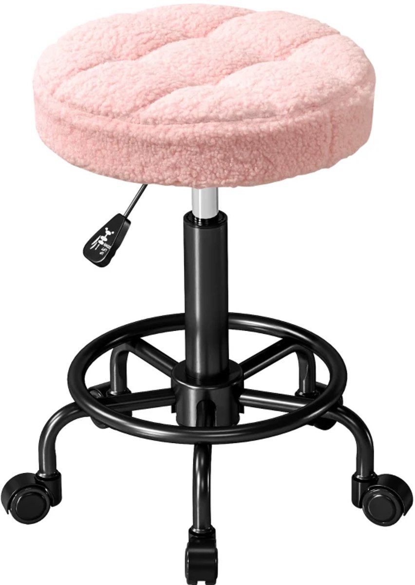 Zadelkruk op Wielen - Zadelstoel - Kapperskruk - Tabouret - 360° Draaibaar - In Hoogte Verstelbaar - Salonstoel - Kruk Stoel - Werkkruk - voor Kantoor, Salon, Massage, Spa - Roze