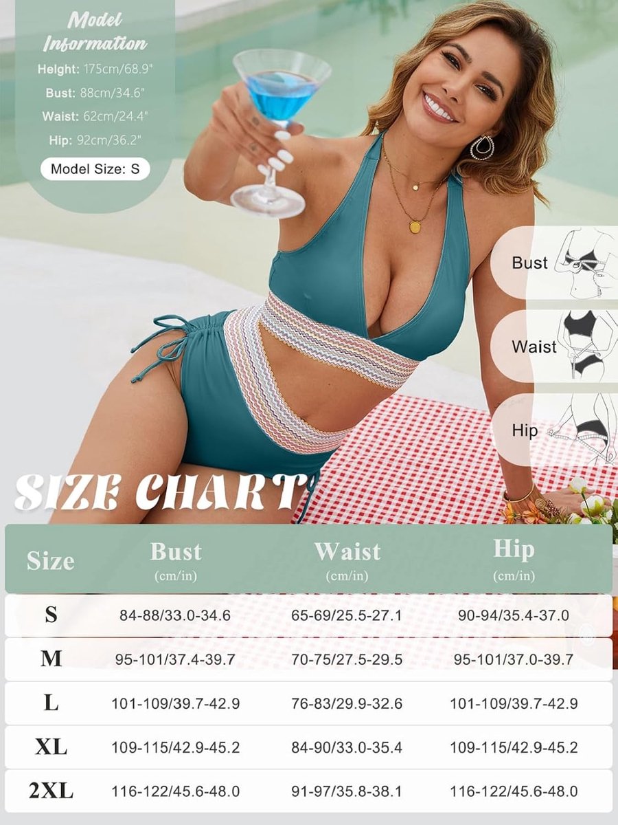 Bikiniset voor dames, hoge taille, buikcontrole, gewatteerde push-up bikini, halternek, hoge taille, bikinibroekje met geweven band, zwemkostuum voor vrouwen, 2-delig badpak badpakken