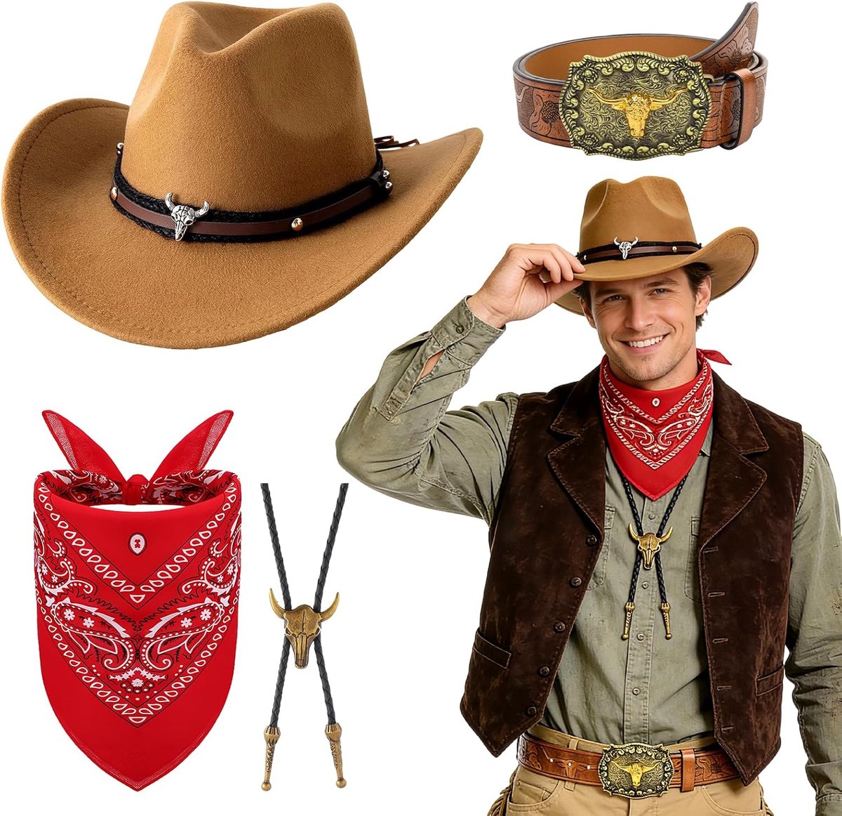 Cowboy kostuum accessoireset, 4-delige westernoutfit kit met bruine hoed, paisley bandana, riem, bolo-halsketting voor heren, cosplay party