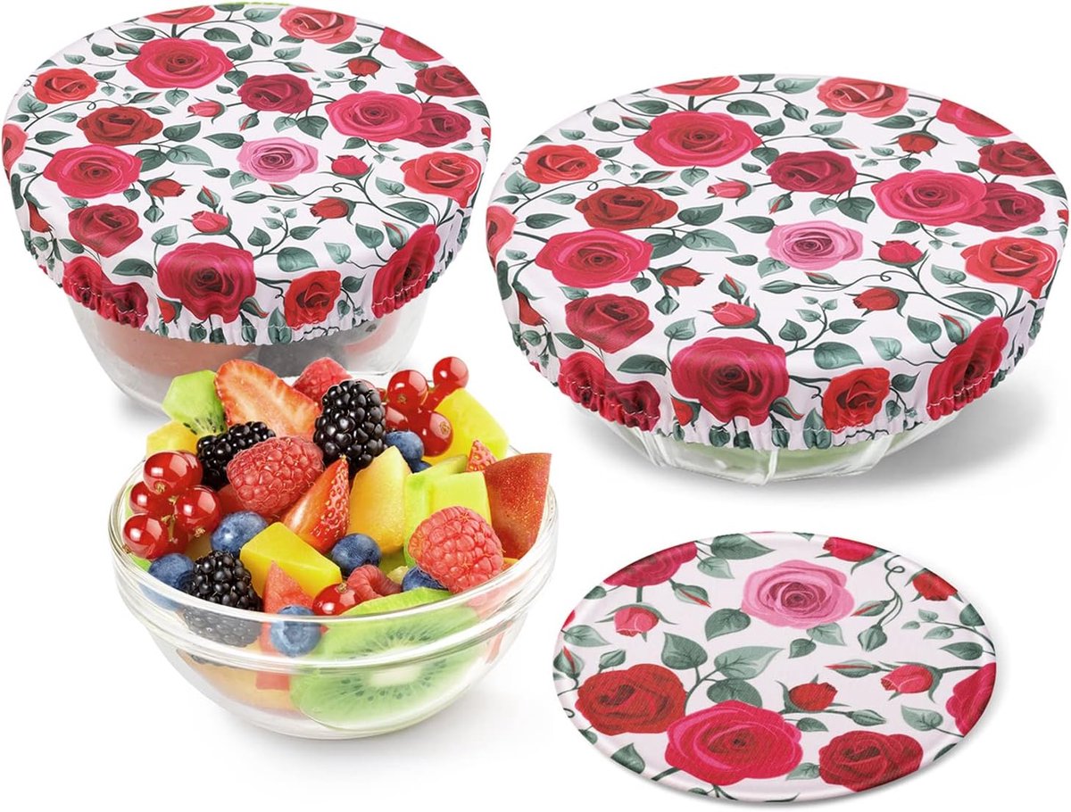 Afdekkingen voor levensmiddelen Herbruikbare Elastische Stoffen Covers, Multifunctionele Voedsel Opslag Covers 3 Stuk, Rose Patroon