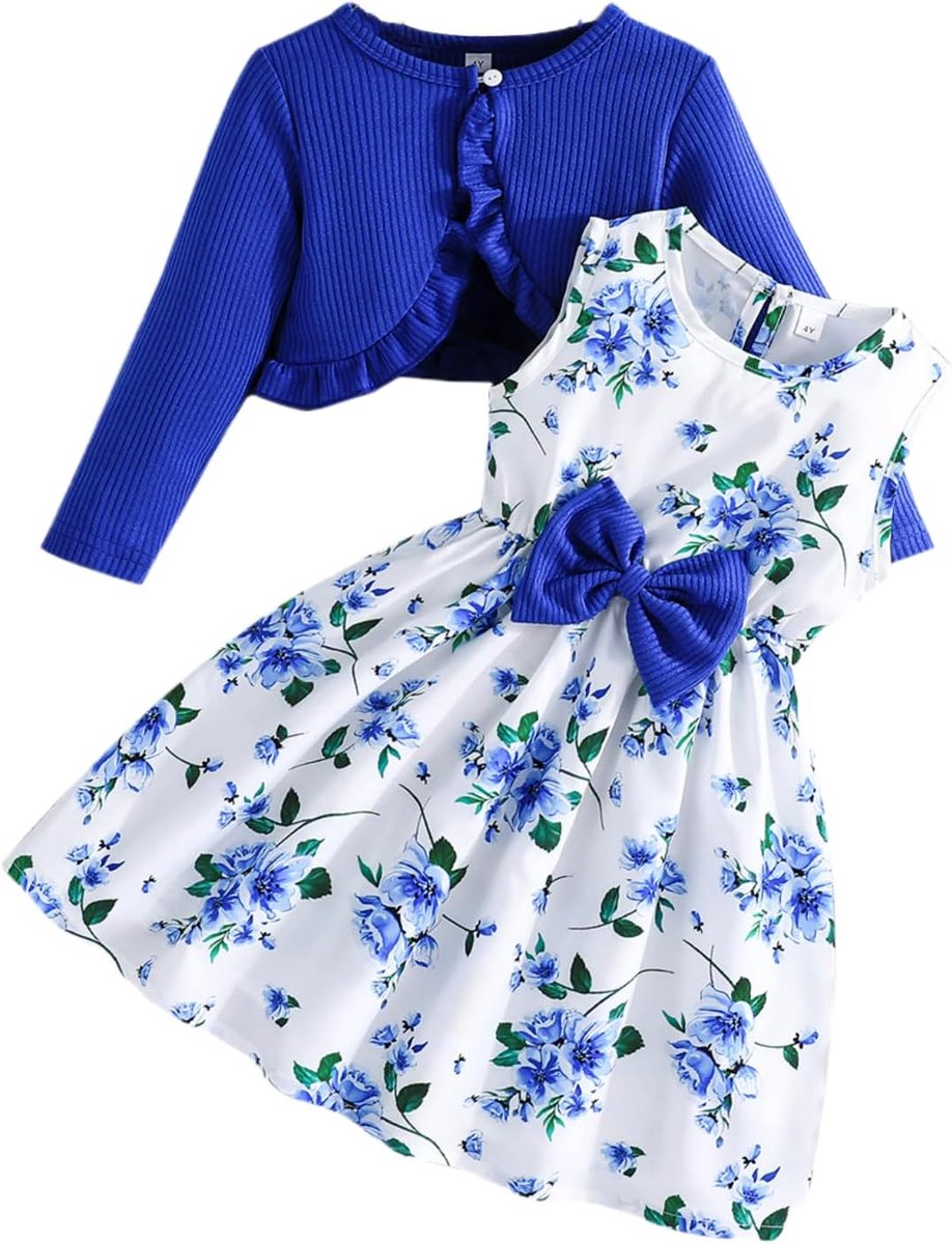 Jurk en gebreid vestje voor meisjes, 2 stuks, bloemenjurken, peuters, kinderen, lange mouwen, mantel, ruches, meisjesjurk voor 2-8 jaar