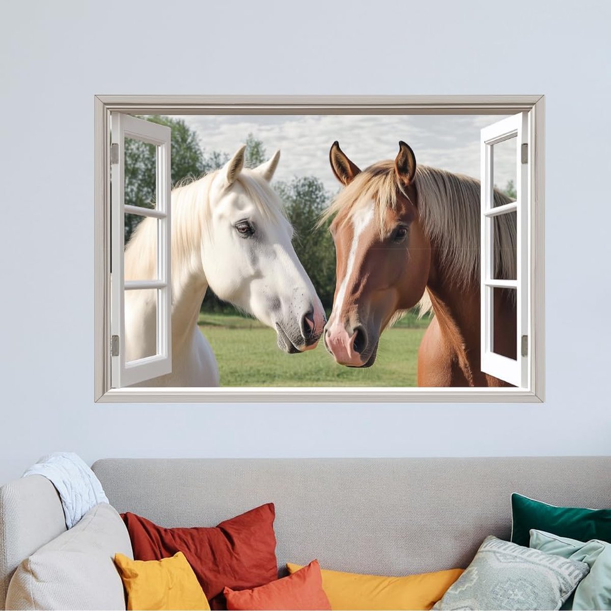 Paarden buiten het raam muursticker dier muursticker groot formaat kleurrijk paard huis kunst muurschildering twee paarden vinyl sticker slaapkamer woonkamer decor muurkunst muurschildering