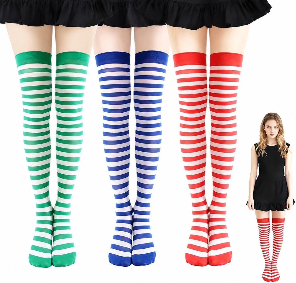 Modieuze Strepen Overknee Sokken - 3 Paar Set, Kleur: Blauw, Rood, Groen, Ademend en Comfortabel, Perfect voor Alle Seizoenen
