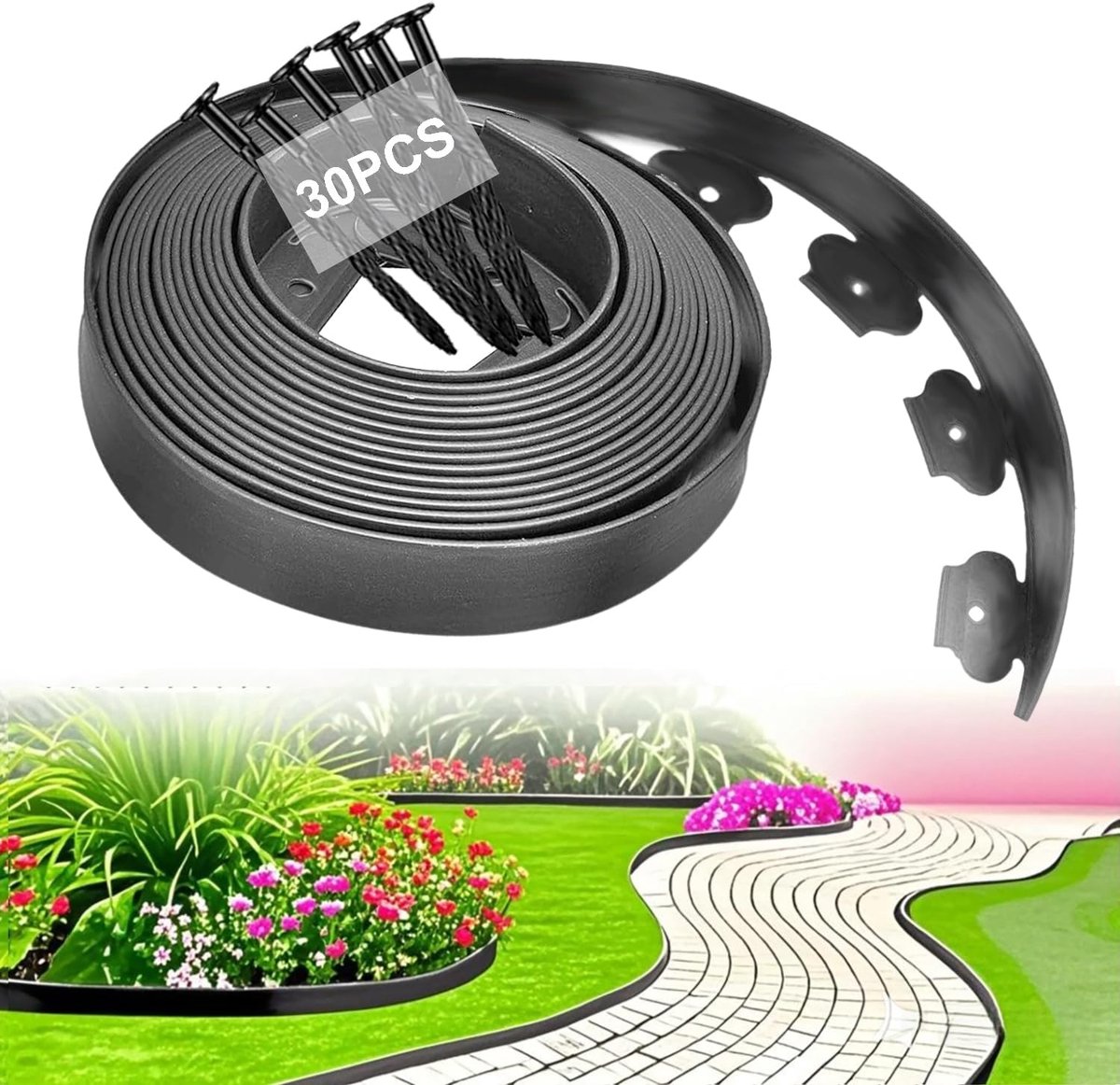 Gazonrand kunststof, grasbestrating bestratingstenen gazonrooster perceelafscheiding | Onzichtbare gazonrandband voor tuin, terras & perken 10 m lengte × 5 cm hoogte met 30 grondankers