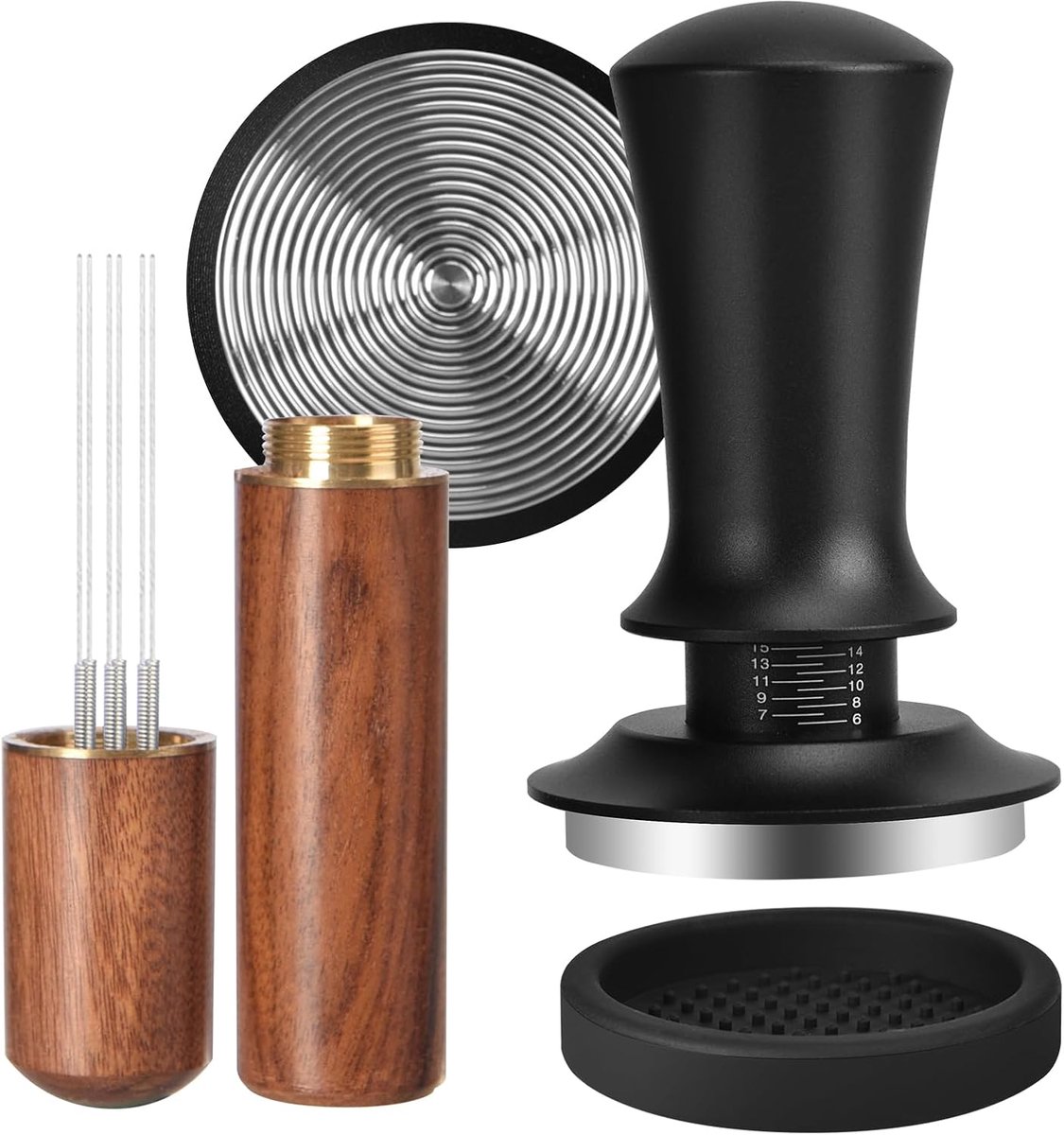 Tamper set 51 mm, roestvrijstalen basis, met 6 fijne espressonnaalden, espresso koffie tamper 51 mm met tampermat tool, walnoothouten handvat, espresso zeefhouder, machine accessoires
