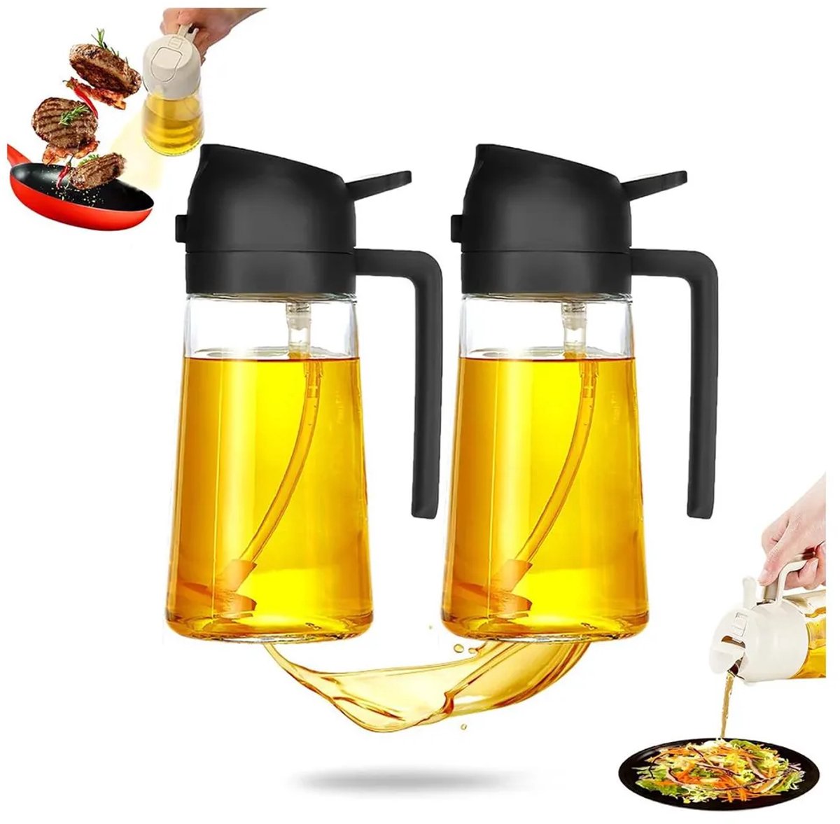 2-in-1 oliedispenser/spuitfles, glazen reservoir van 470 ml, Geschikt voor bakolie, BPA-vrij, 18,5 x 10 cm, zwart.