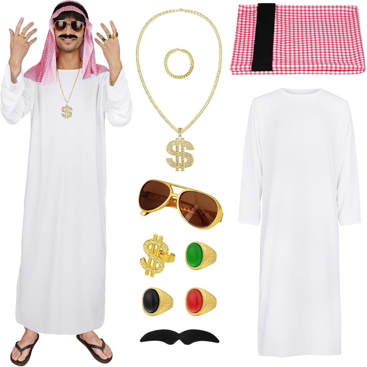 Sheikh kostuum, Arabische heren, met sjaal en zonnebril, accessoires voor cosplay-themafeesten, feesten, carnaval, Halloween