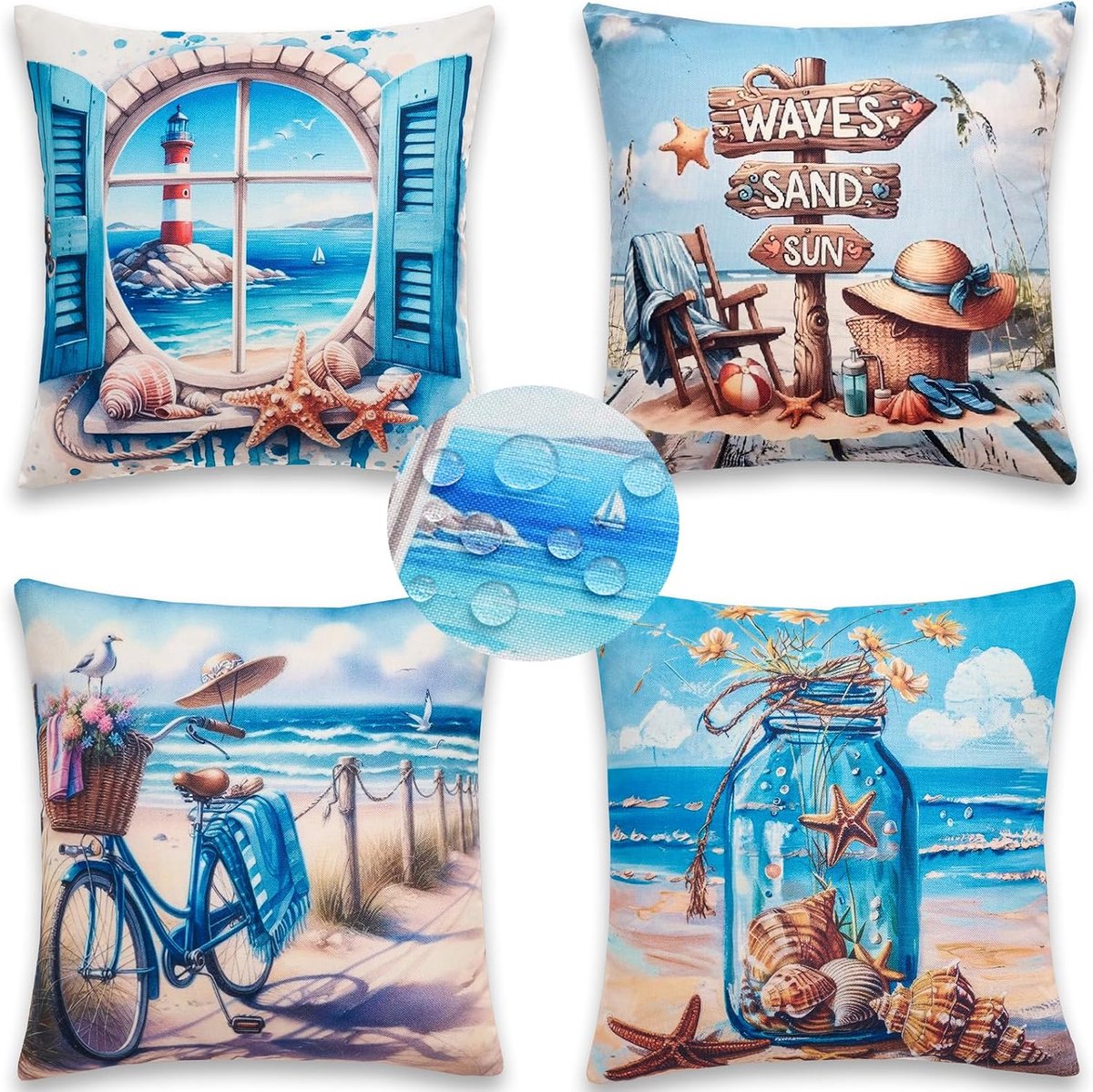 Kussenhoezen voor bank, 40 x 40 cm, waterdicht, polyester, vuurtoren, fiets, boodschap in fles, zand, patroon, decoratieve kussenslopen voor woonkamer, huis, balkon, kolonie, terras