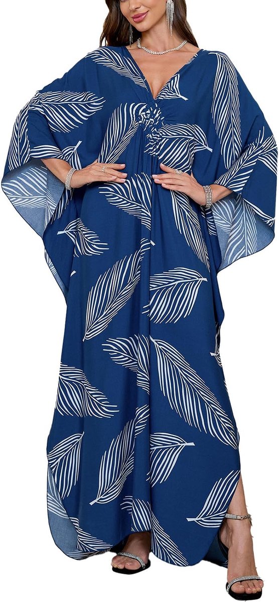 Kaftan voor dames, maxi-loungewear, oversized nachthemd, homewear, bedekkende strandjurk, H Staal Blauw, Eén maat