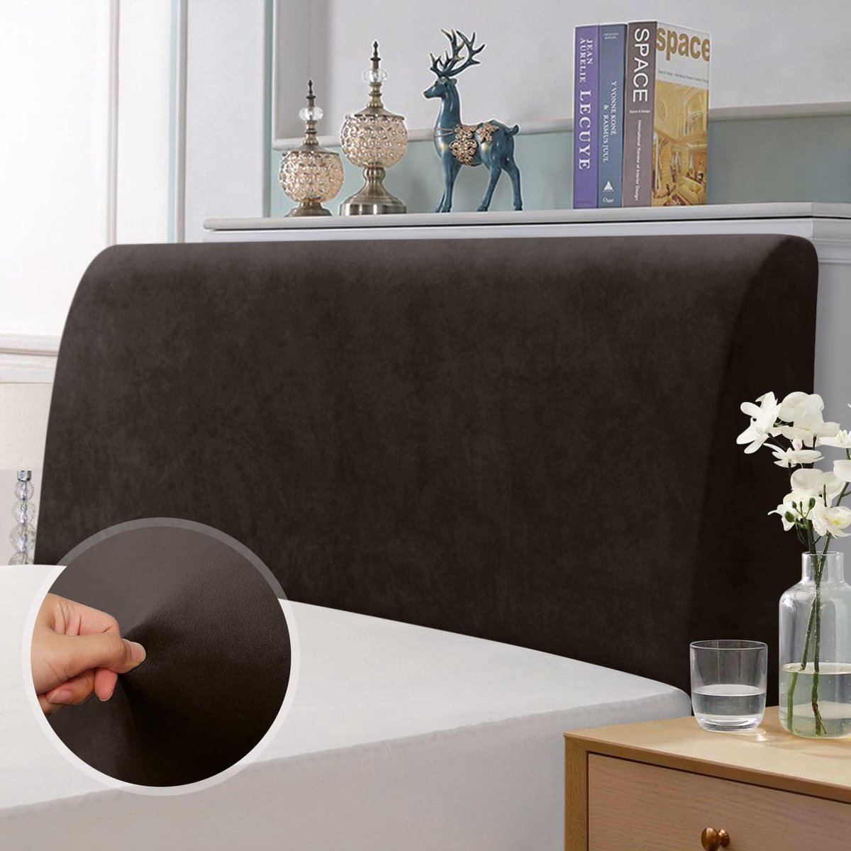 Hoes Voor Hoofdbord Van Het Bed, Elastisch van Stretchmateriaal, Zacht Fluweel, Effen, Volledige Afdekking, Wasbaar, Hoofdbordafdekking(Chocolade 180-200CM)