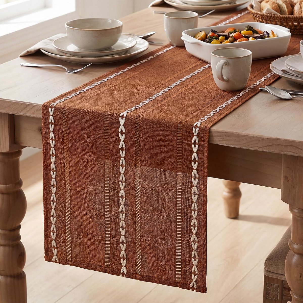 Mode Karamel rustieke boerderij Boho herfst tafelloper 33x153 cm, herfst geborduurde holle keuken eettafel decoratie voor thuis feest decor