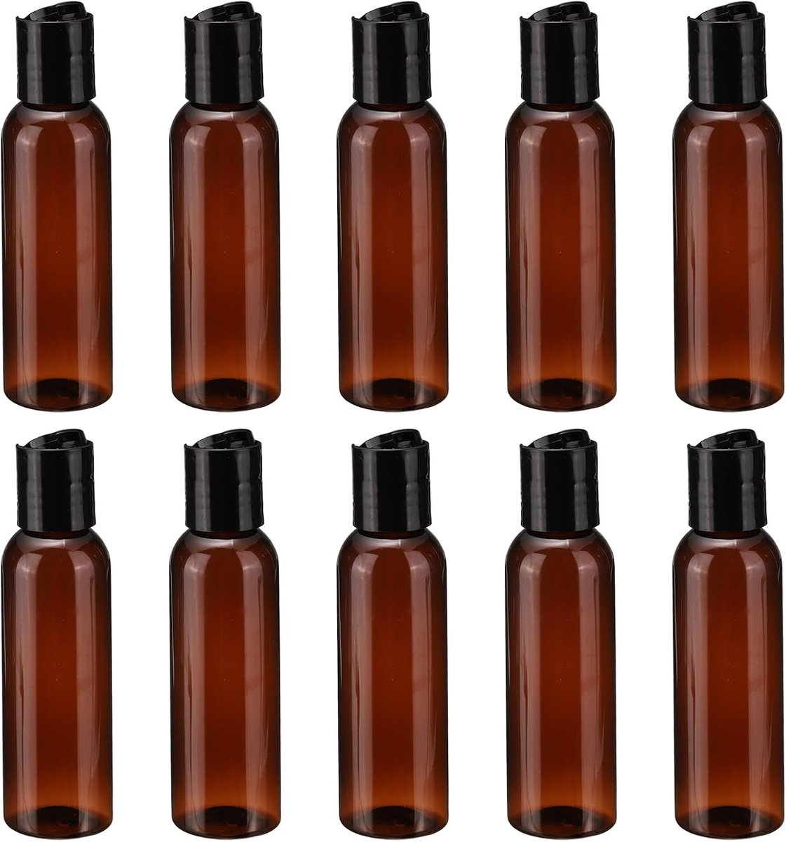 Lege plastic flessen met zwarte schijf bovenaan, 60 ml, kleine reisflessen voor toiletartikelen, shampoo, lotion, crème, keuken, badkamer, bruin, 10 stuks