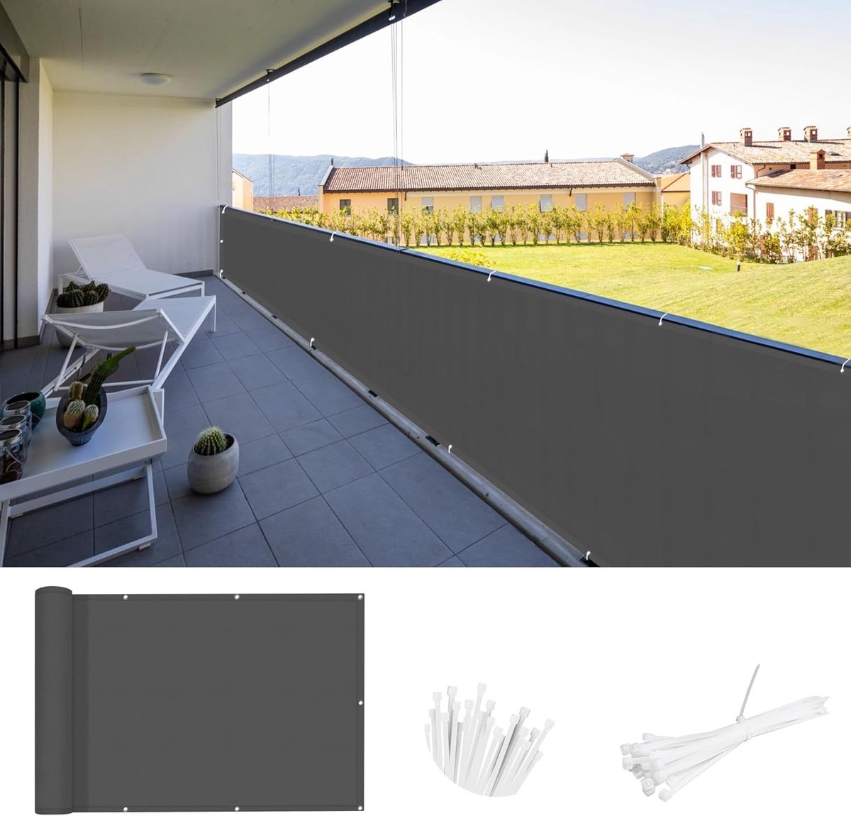 Balkonscherm,inkijkbescherming,70x600 cm,balkonoverkapping,balkonafdekking,balkonbedekking,uv-bescherming,wind- en waterdicht,geschikt voor balkon,met kabelbinders,Antraciet donker