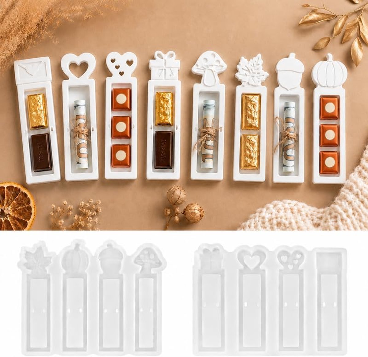 Gietvormen Set 2-delig Geschenkdoos Gietvorm DIY Epoxyhars Gipsvormen Decor Vormen Paddestoel Pompoen Hart Vorm Knutsel Accessoires Kerst Halloween Moederdag Cadeau Idee