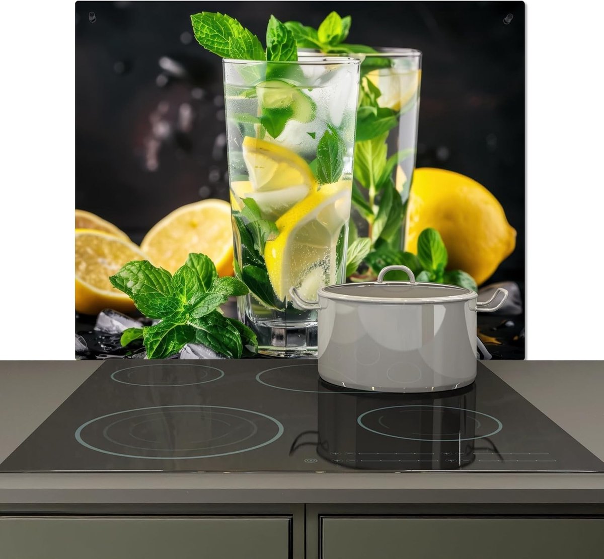 Spatscherm Keuken 52x59 cm Kookplaat Achterwand Beschermer Muur Spatwand Fornuis Aluminium Hittebestendig - Water - Glas - Citroen - Munt