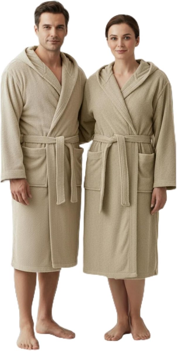 L&j Badjas voor dames en heren, uniseks, beige, met capuchon van 100% katoen, zacht absorberende badstof met zakken en riem en haken, voor badkamer, douche, sport, sportschool