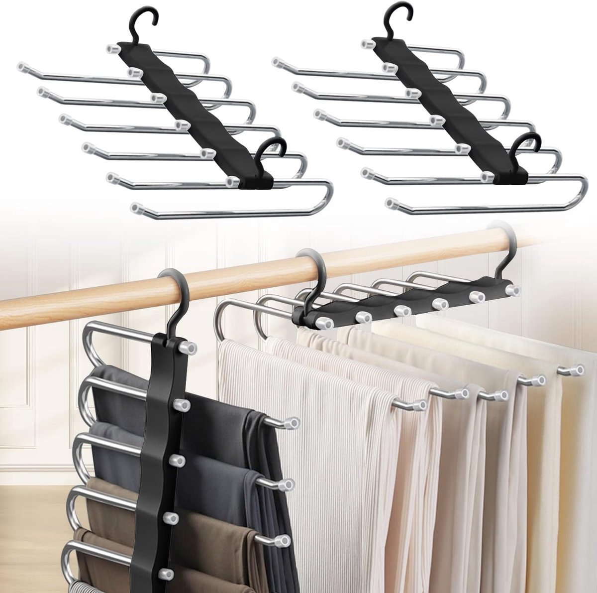 Broekhanger - 6-in-1 Ruimtebesparende Uittrekbare Broekhouder - RVS Kledinghanger voor Broeken Sjaals en Jeans - Kledingkast Organizer - 2 Stuks
