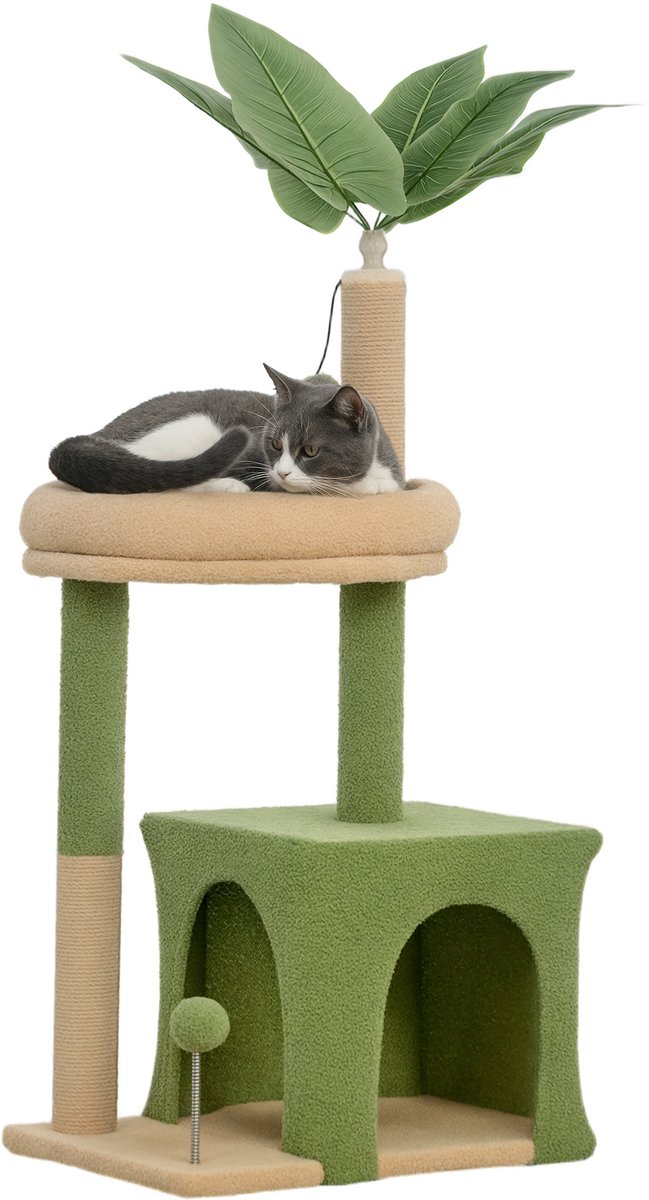 Klein kattenklimrek – met kattenmand – kunstbladeren – kattenkam – 44 x 30 x 98 cm – groen