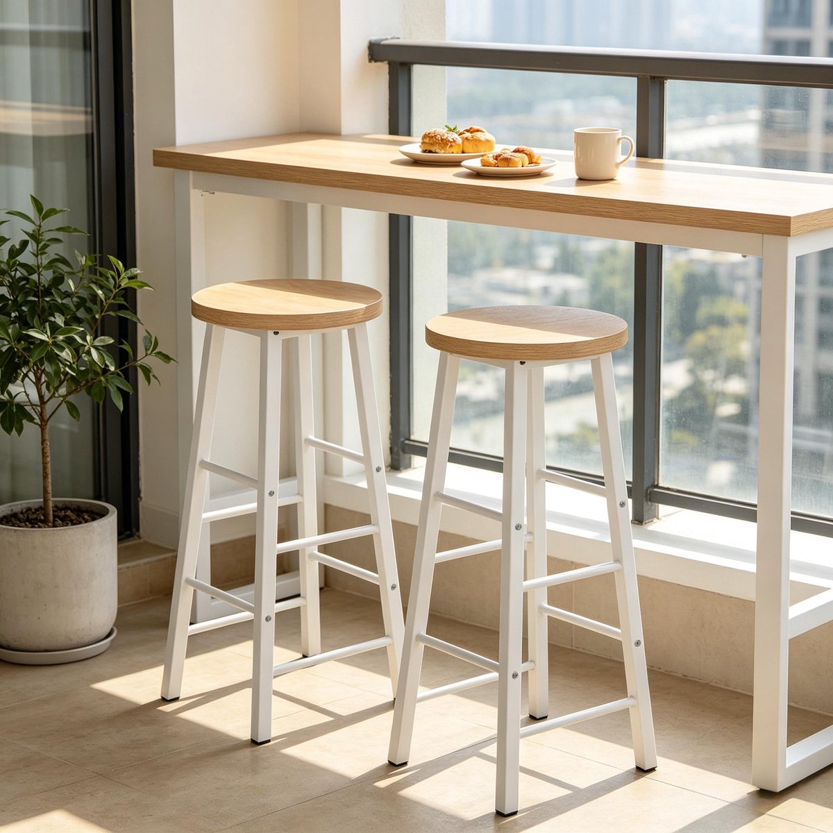 Clruro Keukenkruk Set van 2 - Ø30 x 71 cm - Bistrostijl - met Voetsteun - MDF en Metaal