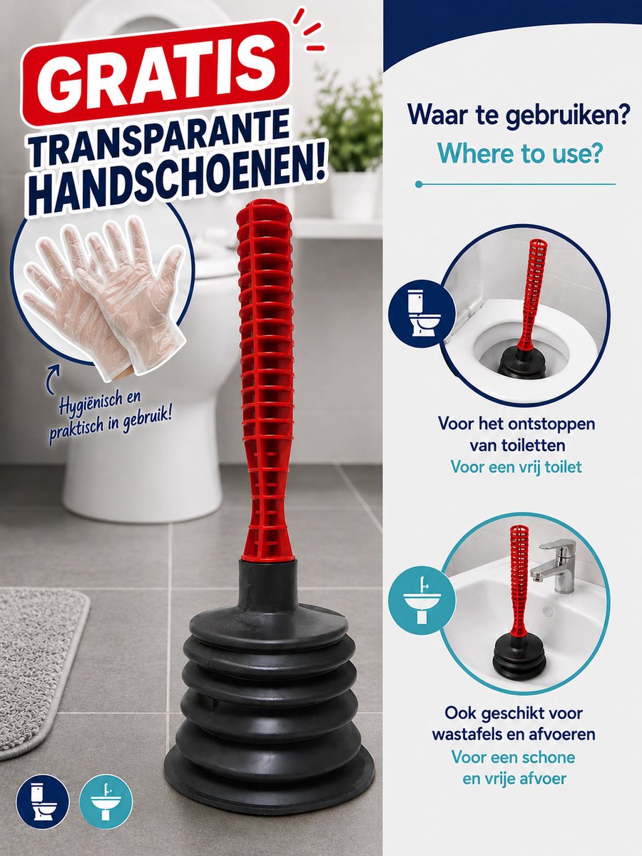 Mont Kiara WC Ontstopper – Toilet Plopper voor Toilet, Wastafel & Afvoer – WC Garnituren Badkamer – Inclusief Gratis Transparante Handschoenen
