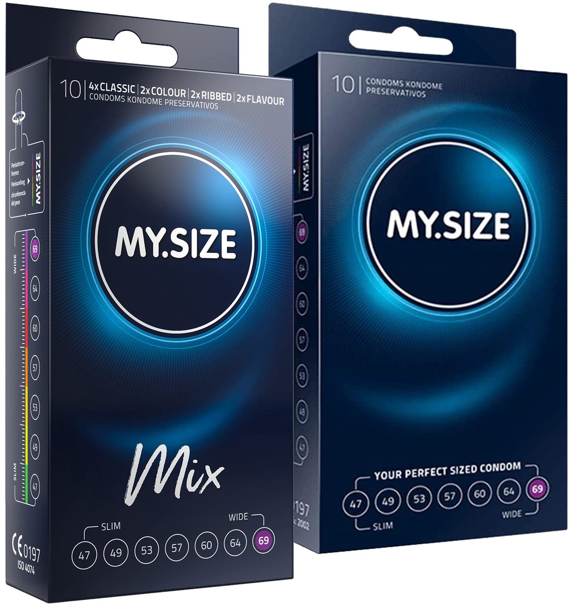 MY.SIZE Mix SET Maat 7, 69 mm: 10 Classic + 10 Condooms in 4 spannende soorten, met aroma, kleur, geribbeld & Classic