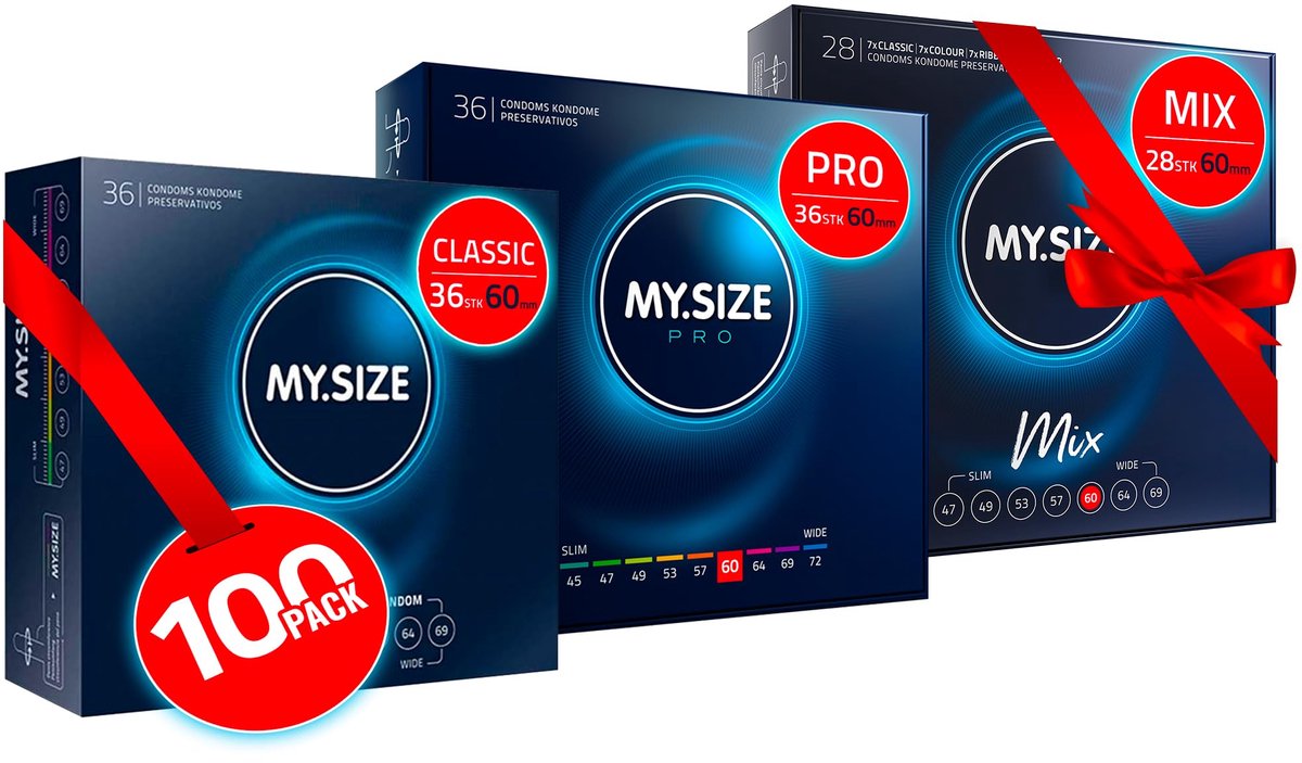 MY.SIZE 100 Condooms 60 mm Megaset Classic+Mix+Pro I Maat 1 I 100 stuks voordeelverpakking I Extra dun Premium condoom I Zeer dun gevoelig I Dunne wand I Vegan condooms I Condooms voor mannen