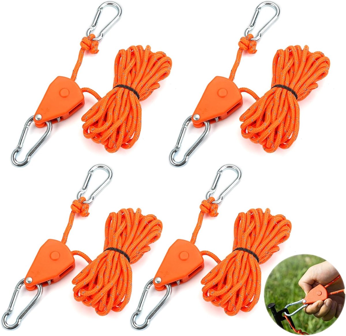 4 Stuks Reflecterende Scheerlijnen met Spanner - 4 Meter (4mm) - Reflecterende Scheerlijn - Touwratel - aluminiumlegeringspanner - Tentkoord voor Luifel en Tent - Camping Touw - Oranje