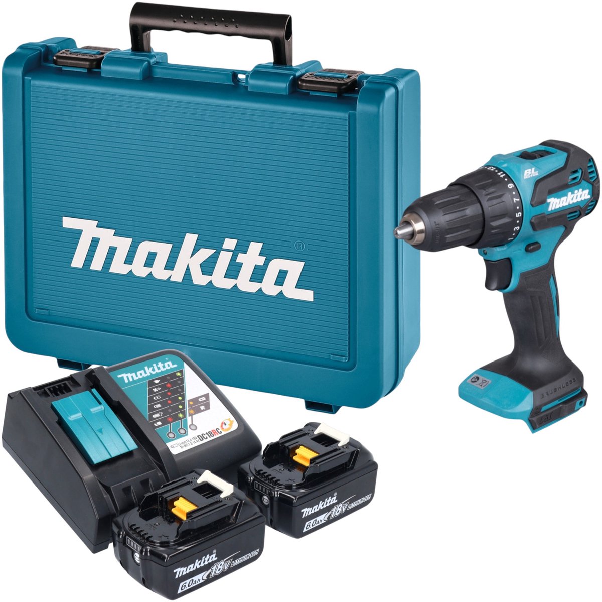 Makita DHP 490 RGE accu-slagboormachine 18 V 65 Nm borstelloos + 2x accu 6,0 Ah + oplader + koffer