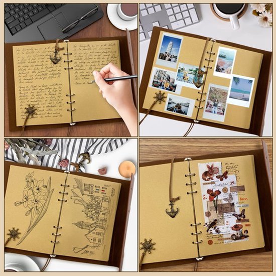Collage van vier afbeeldingen: hand schrijft in notitieboek, notitieboek met vakantiefoto's, schetsen en decoraties.