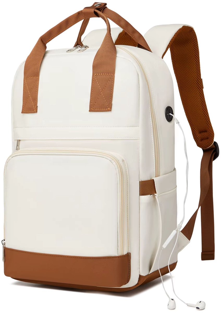 KONO rugzak – 15,6 inch laptoptas – waterafstotende schooltas voor jongens en meisjes – werktas voor dames en heren – USB-oplaadpoort – Bagageriem – Beige