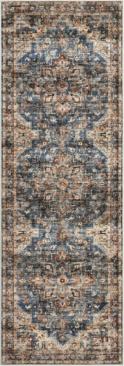 Perzisch Vloerkleed - Wasbaar Antislip Fluweelzacht - Blauw/Bruin - 80x150 cm