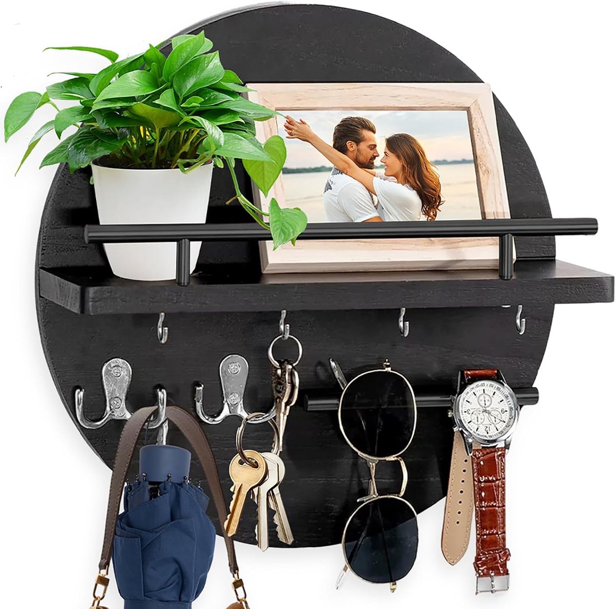 Sleutelrek met plank, vintage sleutelrek met sleutelhaak, ronde sleutelhouder voor woonkamer, keuken, kantoor, hal, slaapkamer, zwart