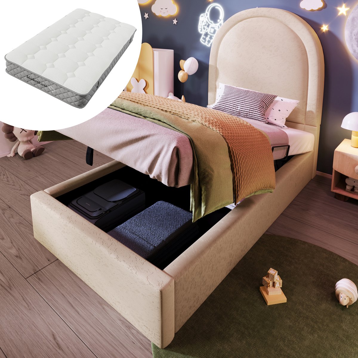 Bedframe - 90x200 Cm - Bed - Met Lattenbodem - Met Opbergruimte - Beige - Met Matras