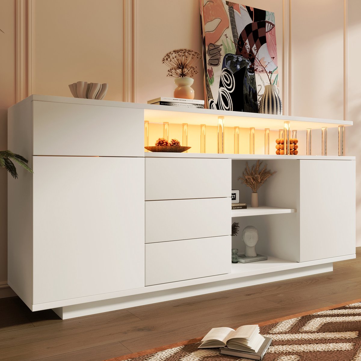 Dressoir Met LED Verlichting - 4 Laden En 2 Deuren - Wit - 160 x 40 x 75 cm