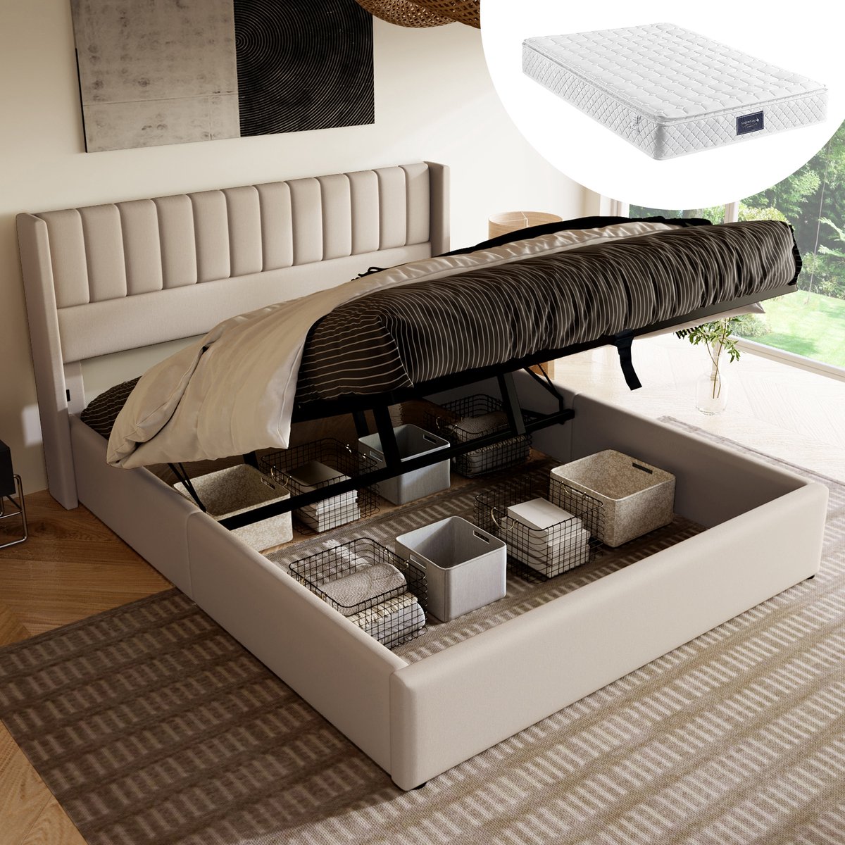Bedframe - 160x200 Cm - Bed - Met Lattenbodem - Met Opbergruimte - Beige - Met Matras