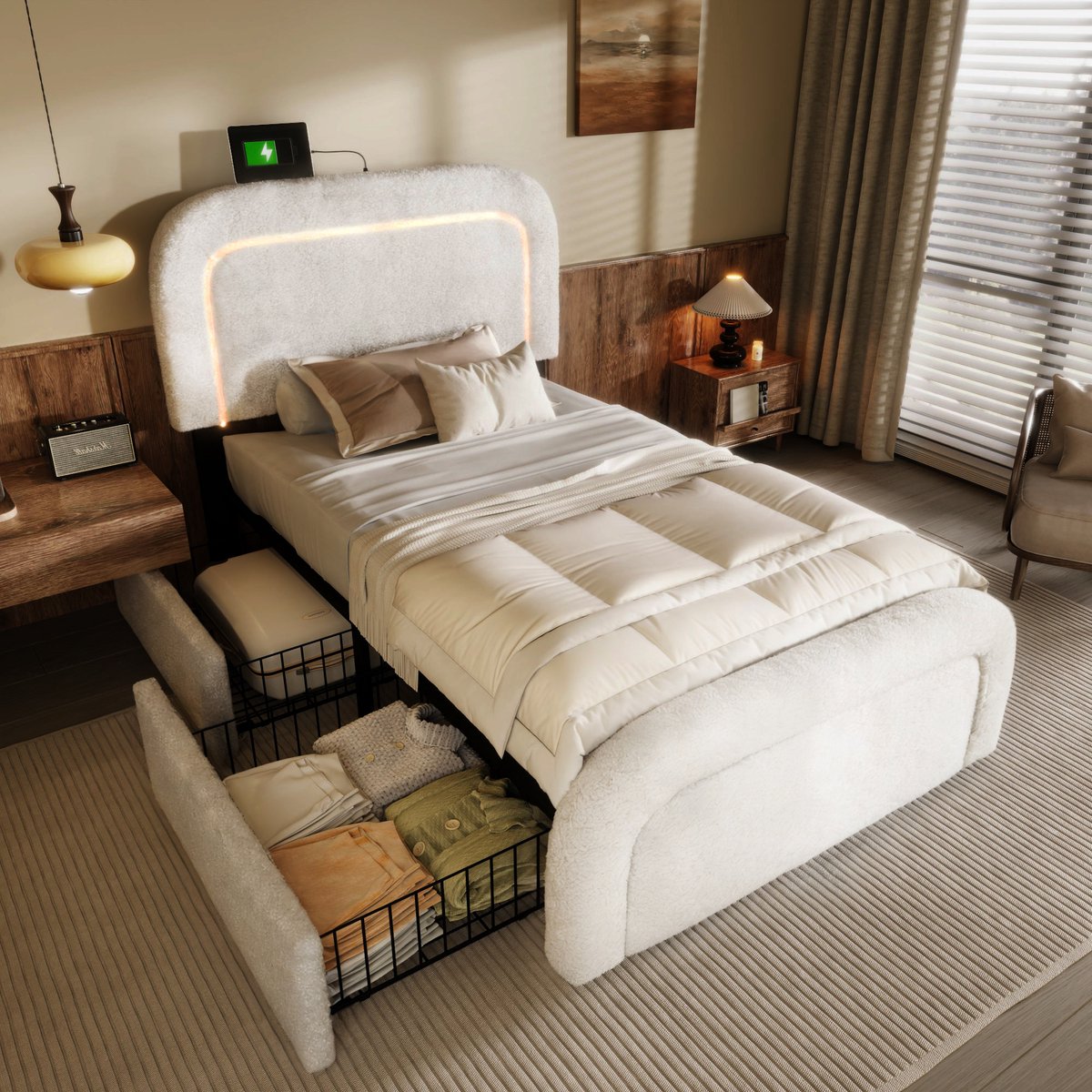 Bedframe - 90x200 Cm - Bed - Met Lattenbodem - Met Opbergruimte - LED - USB C - Wit - Zonder Matras