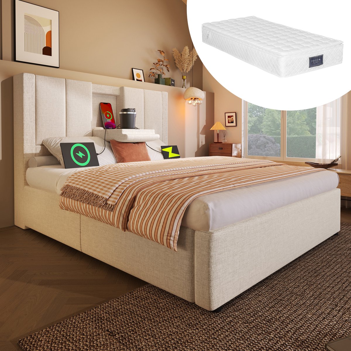 Bedframe - 90x200 Cm - Bed - Met Lattenbodem - Met Opbergruimte - USB C - Beige - Met Matras