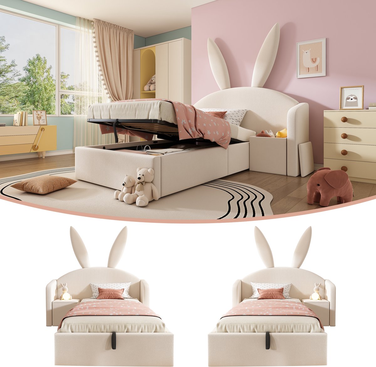 Bedframe - 90x200 Cm - Bed - Met Lattenbodem - Met Opbergruimte - Beige - Zonder Matras