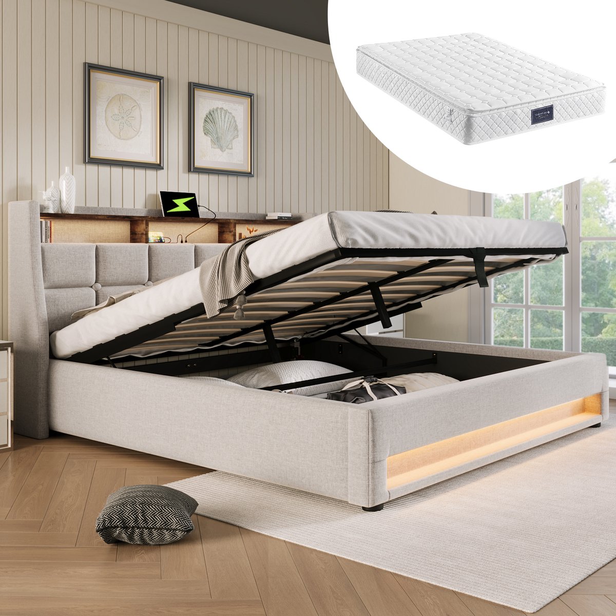 Bedframe - 140x200 Cm - Bed - Met Lattenbodem - LED - USB C - Beige - Met Matras