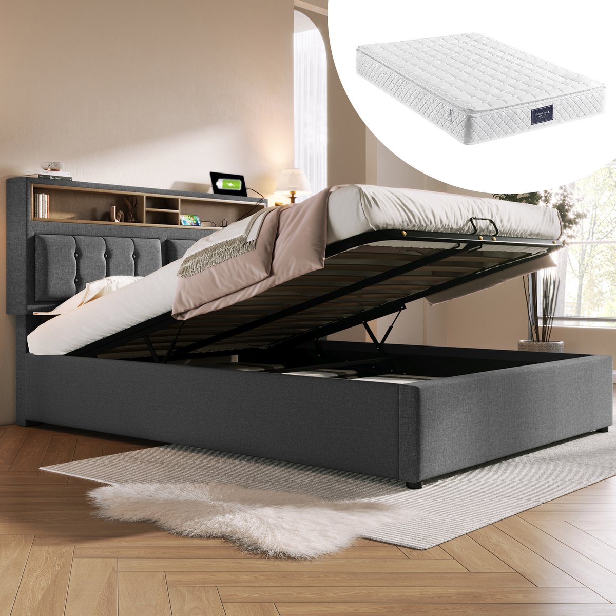 Bedframe - 140x200 Cm - Bed - Met Lattenbodem - Met Opbergruimte - USB C - Grijs - Met Matras