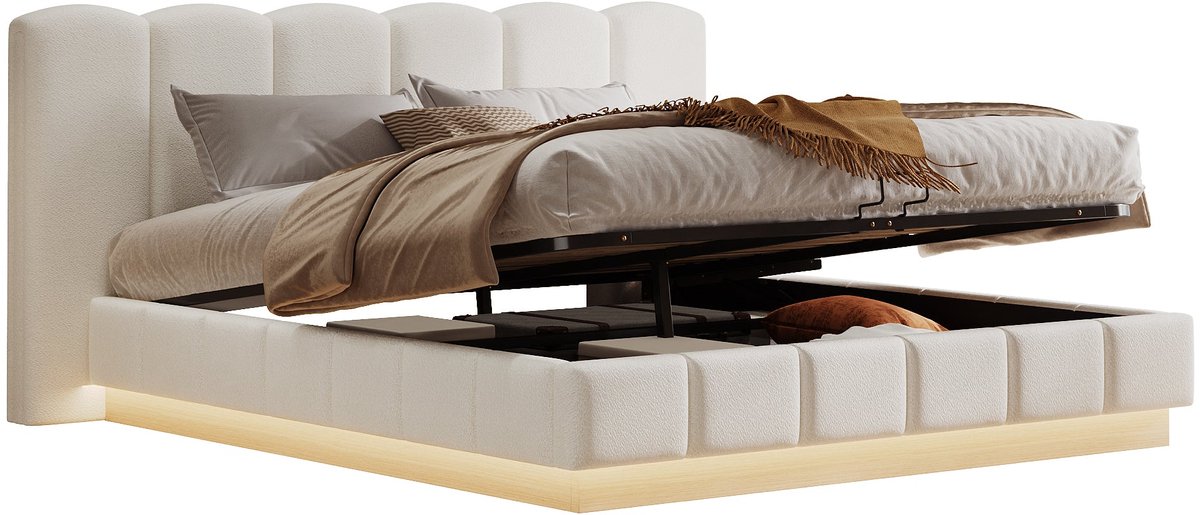 Merax Gestoffeerd Bed 180 x 200 cm - Bed Met Opbergruimte - Hydraulisch Hefmechanisme - LED Verlichting Met Afstandsbediening - Boucléstof - Wit